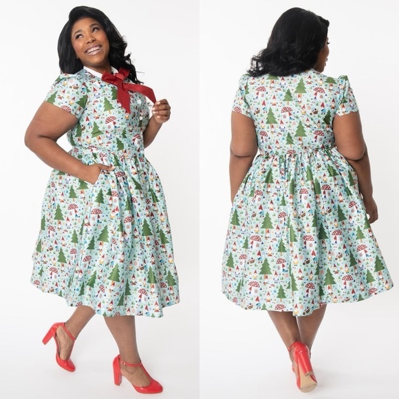 NWOT Unique Vintage Cora Swing Dress – Forest Gnome Christmas Scene Sz 3X - Picture 2 of 14